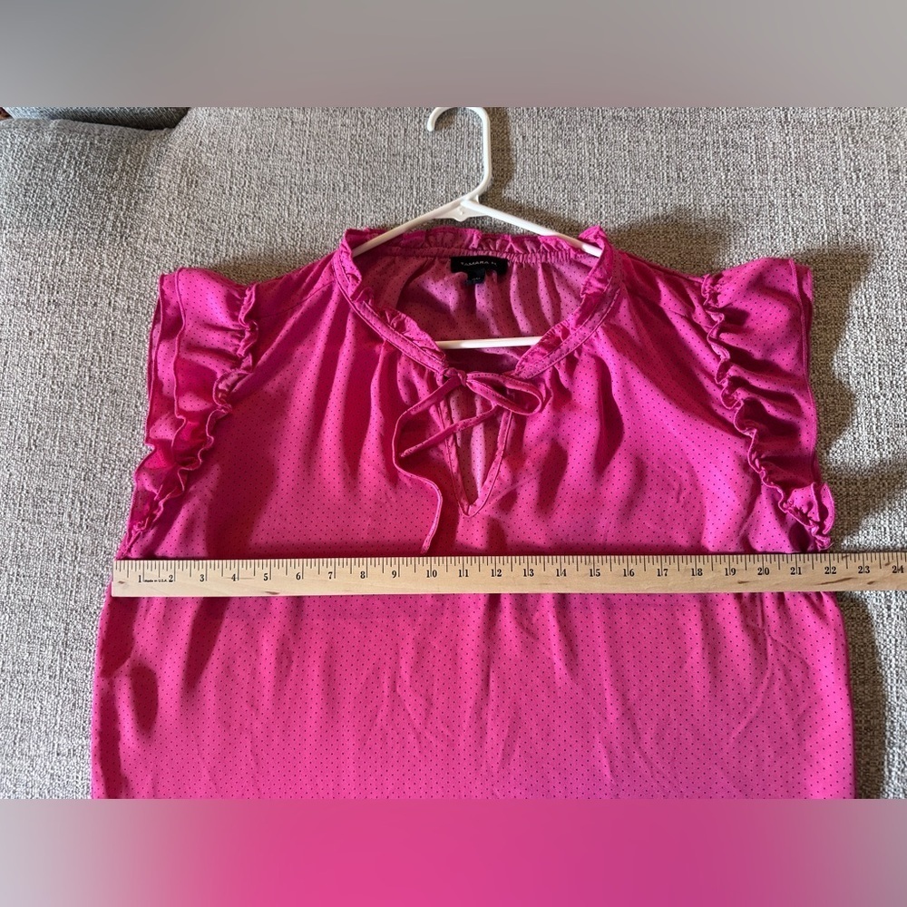 Tamara H Pink Black Dot Blouse Ruffle Cap Sleeve Neck Tie shirt Sz XL - Picture 9 of 11